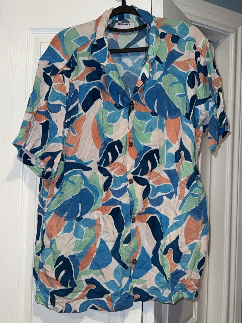 Old Navy Multicolor Tropical Leaf Button-Up Shirt - Blue/Green/Peach